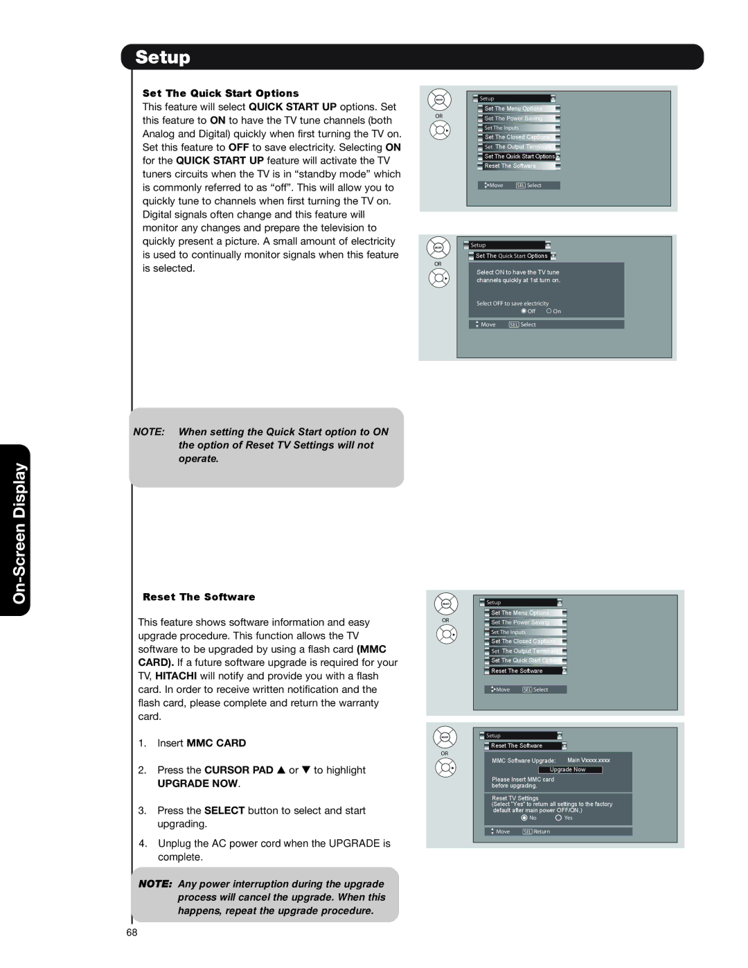 Hitachi 37HLX99 important safety instructions Set The Quick Start Options, Reset The Software, Insert MMC Card, Upgrade NOW 