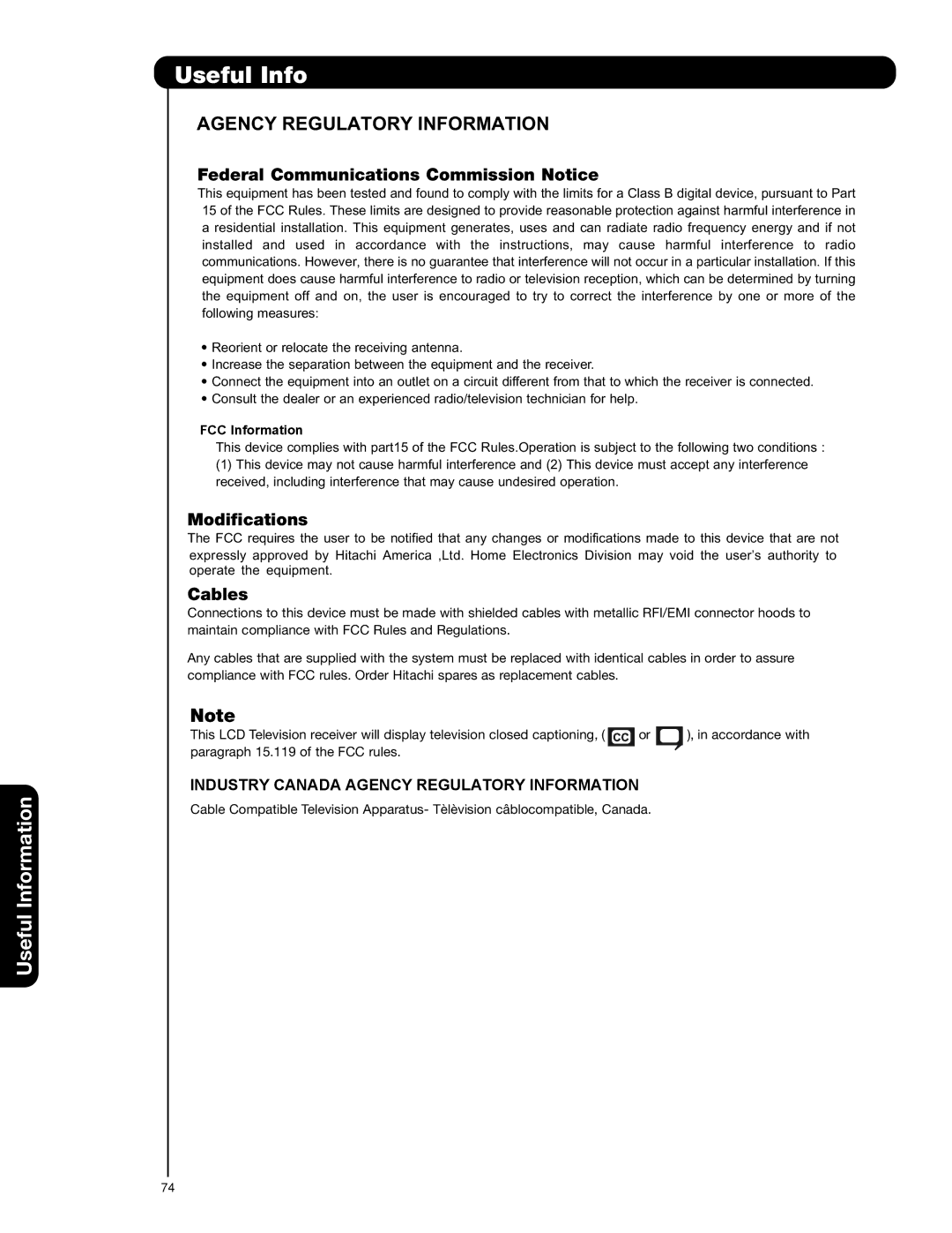 Hitachi 37HLX99 important safety instructions Useful Info, FCC Information 