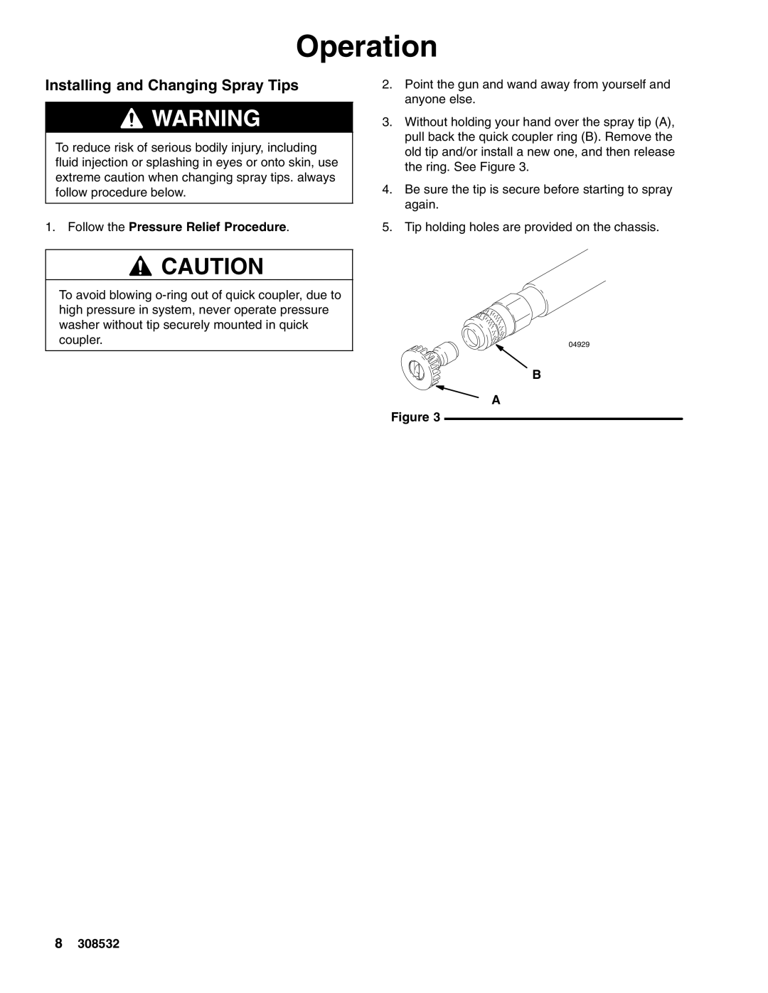 Hitachi 4043 important safety instructions Installing and Changing Spray Tips, Follow the Pressure Relief Procedure 