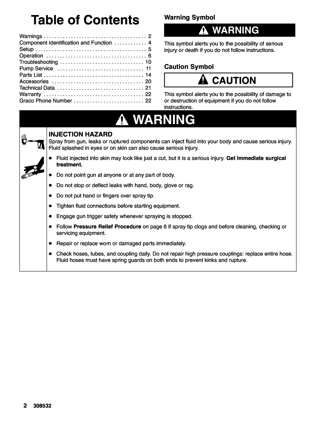 Hitachi 4043 important safety instructions Table of Contents, Warning Symbol, Caution Symbol, Injection Hazard 