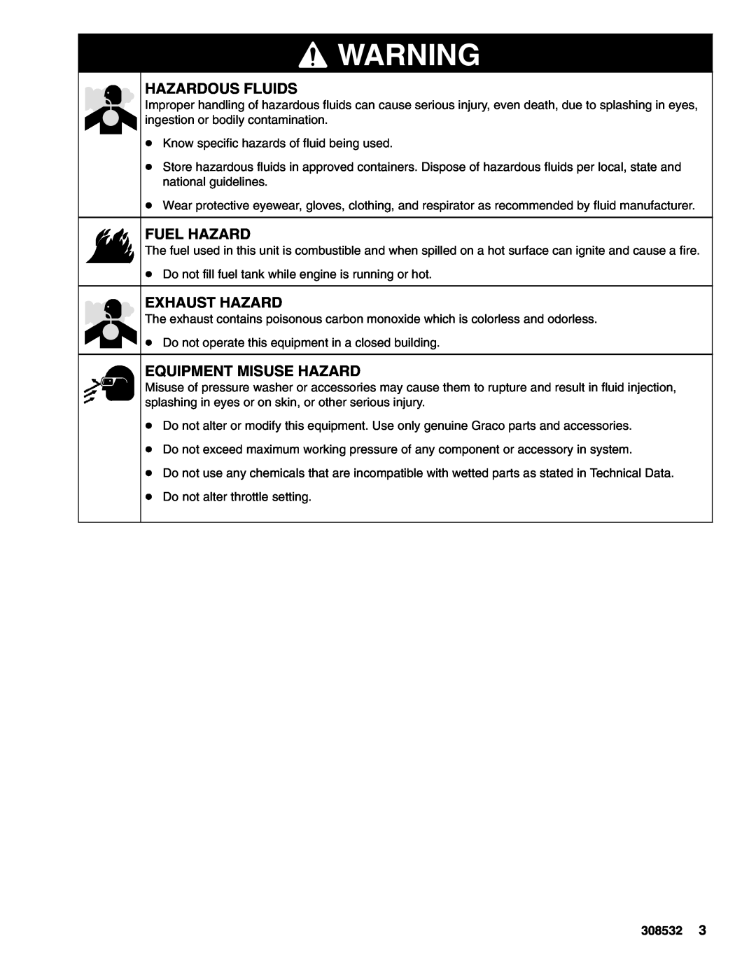 Hitachi 4043 important safety instructions Hazardous Fluids, Fuel Hazard, Exhaust Hazard, Equipment Misuse Hazard 