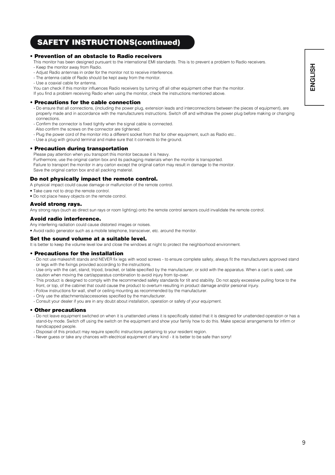 Hitachi 42EDT41 Prevention of an obstacle to Radio receivers, Precautions for the cable connection, Avoid strong rays 