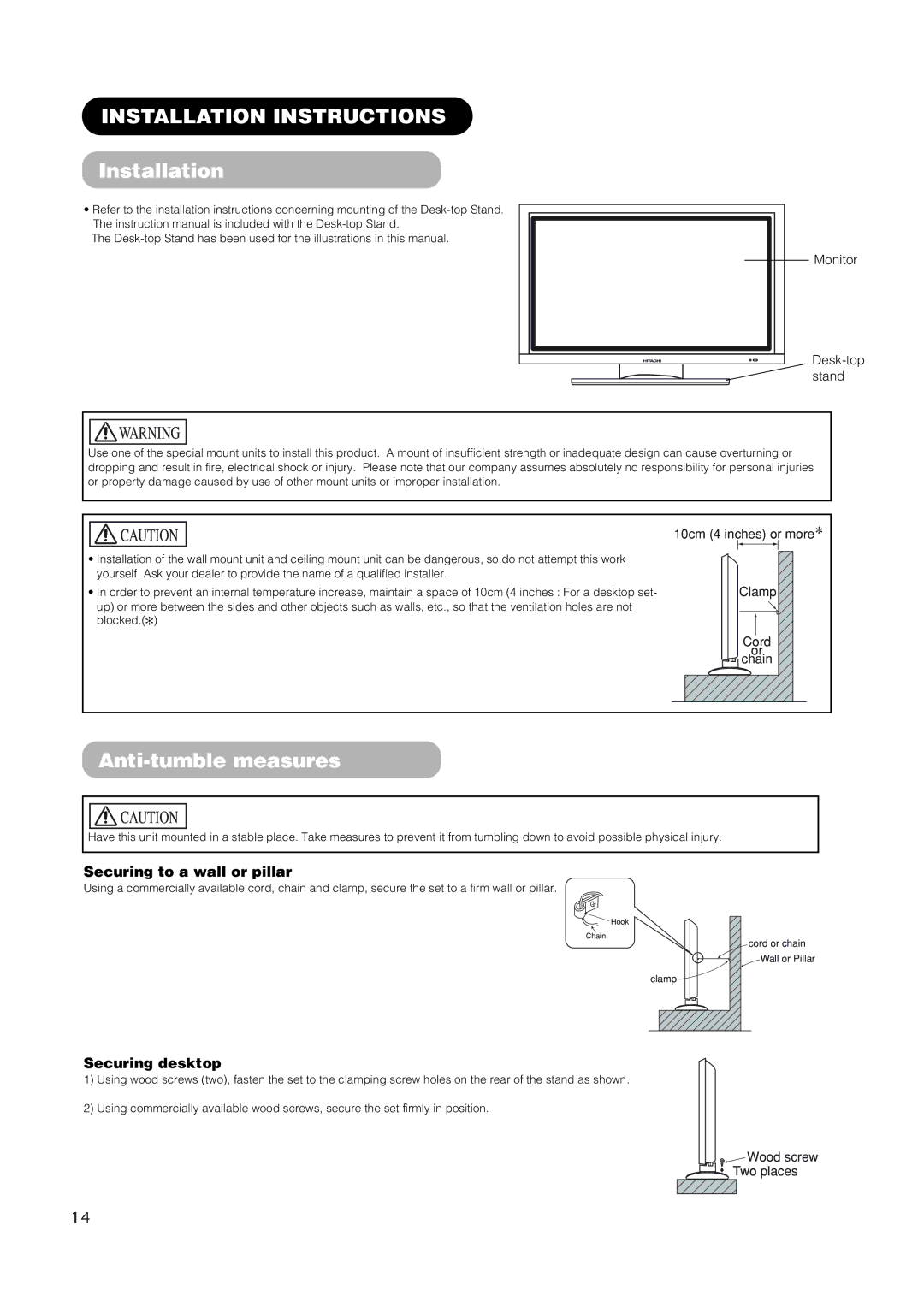 Hitachi 42EDT41 user manual Installation Instructions, Anti-tumble measures, Securing to a wall or pillar, Securing desktop 