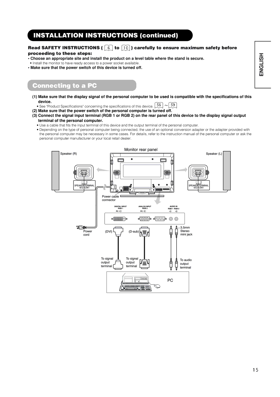 Hitachi 42EDT41 user manual Installation Instructions, Connecting to a PC 