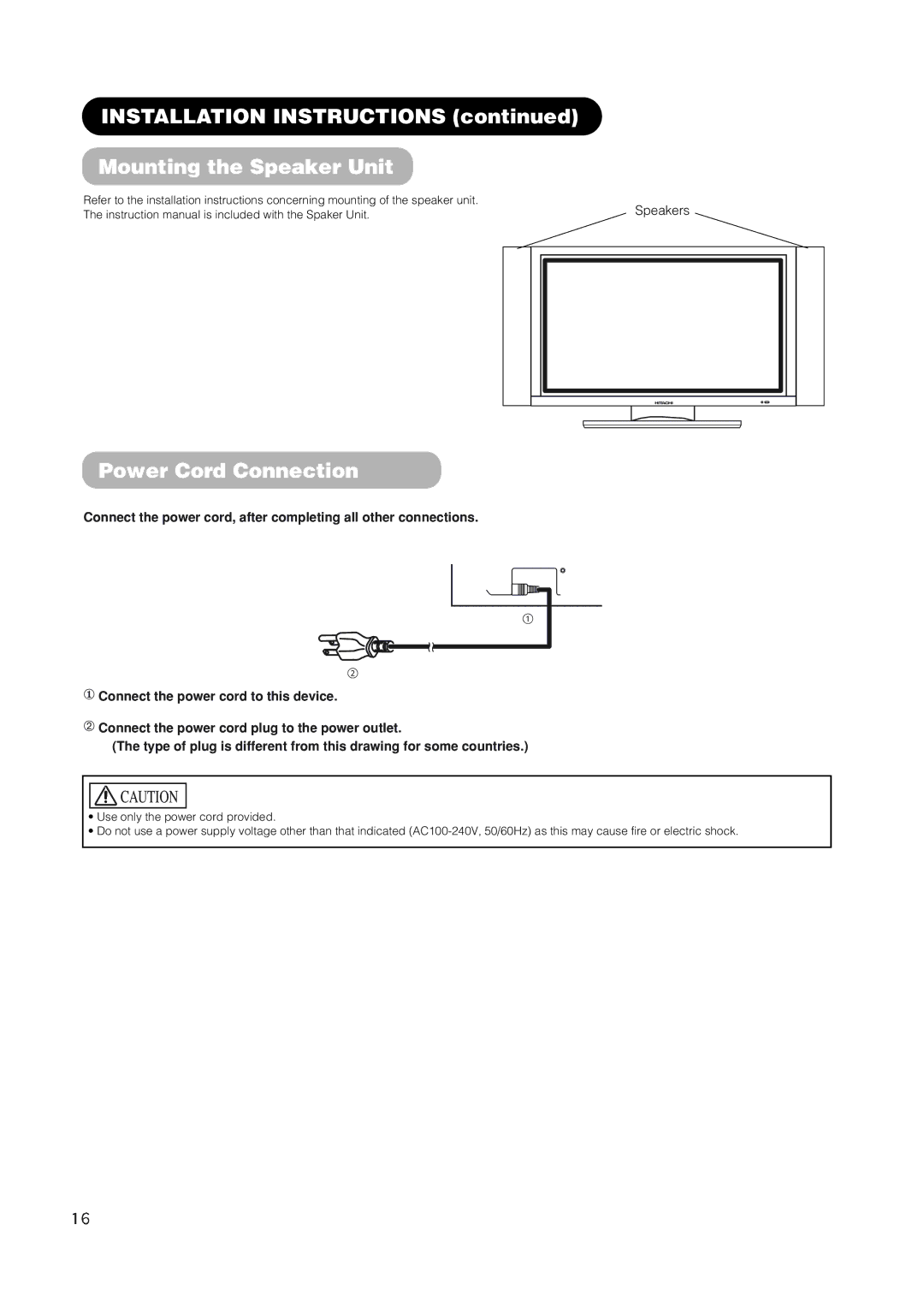 Hitachi 42EDT41 user manual Installation Instructions Mounting the Speaker Unit, Power Cord Connection, Speakers 