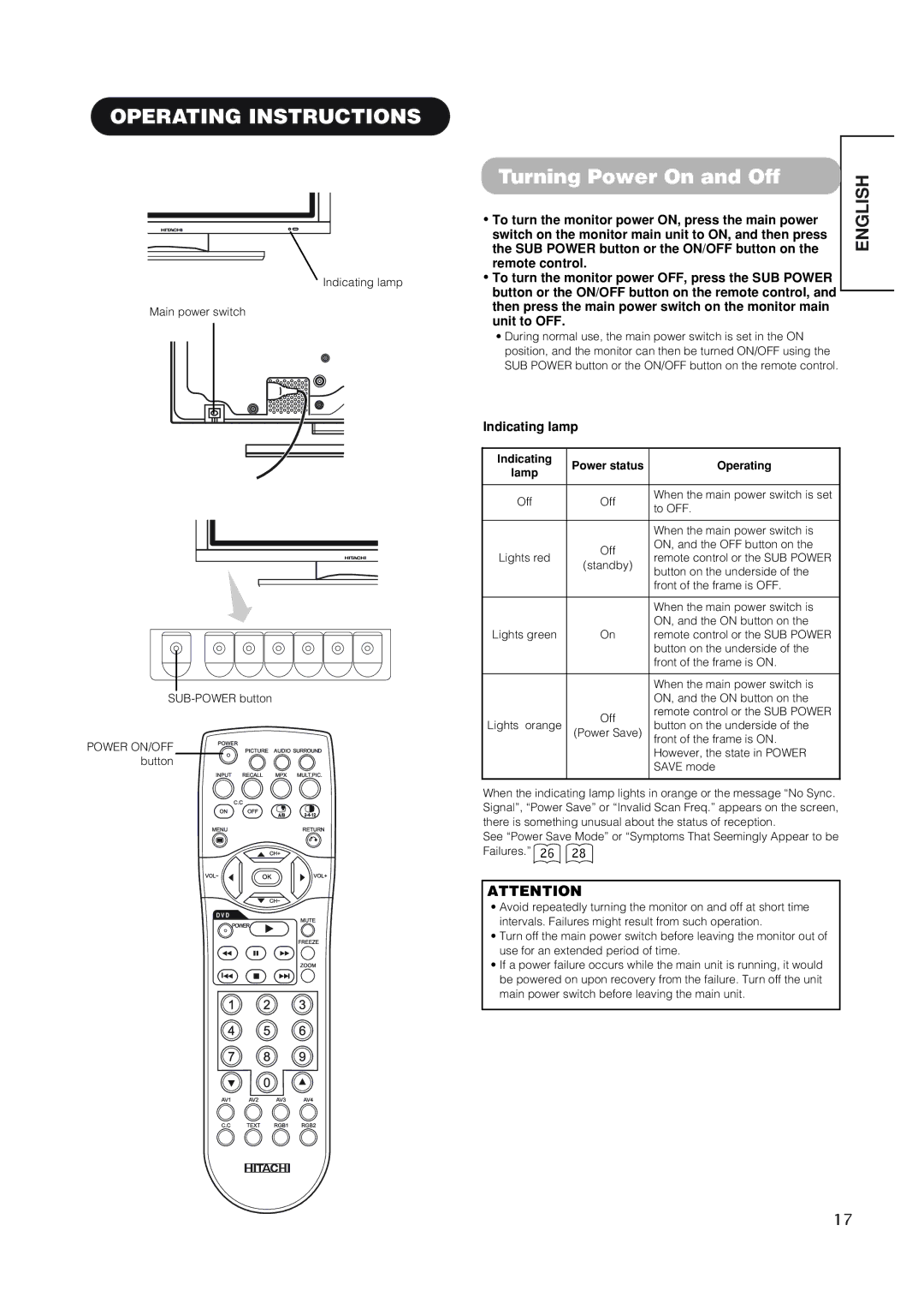 Hitachi 42EDT41 user manual Operating Instructions, Turning Power On and Off, Indicating lamp 