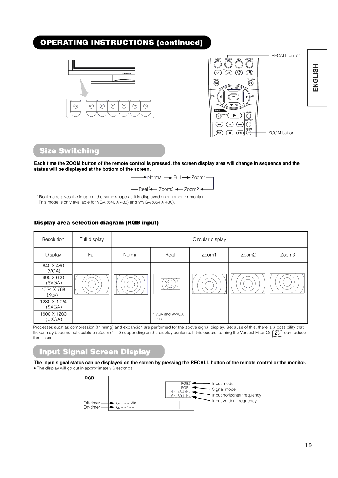 Hitachi 42EDT41 user manual Operating Instructions, Size Switching, Input Signal Screen Display 