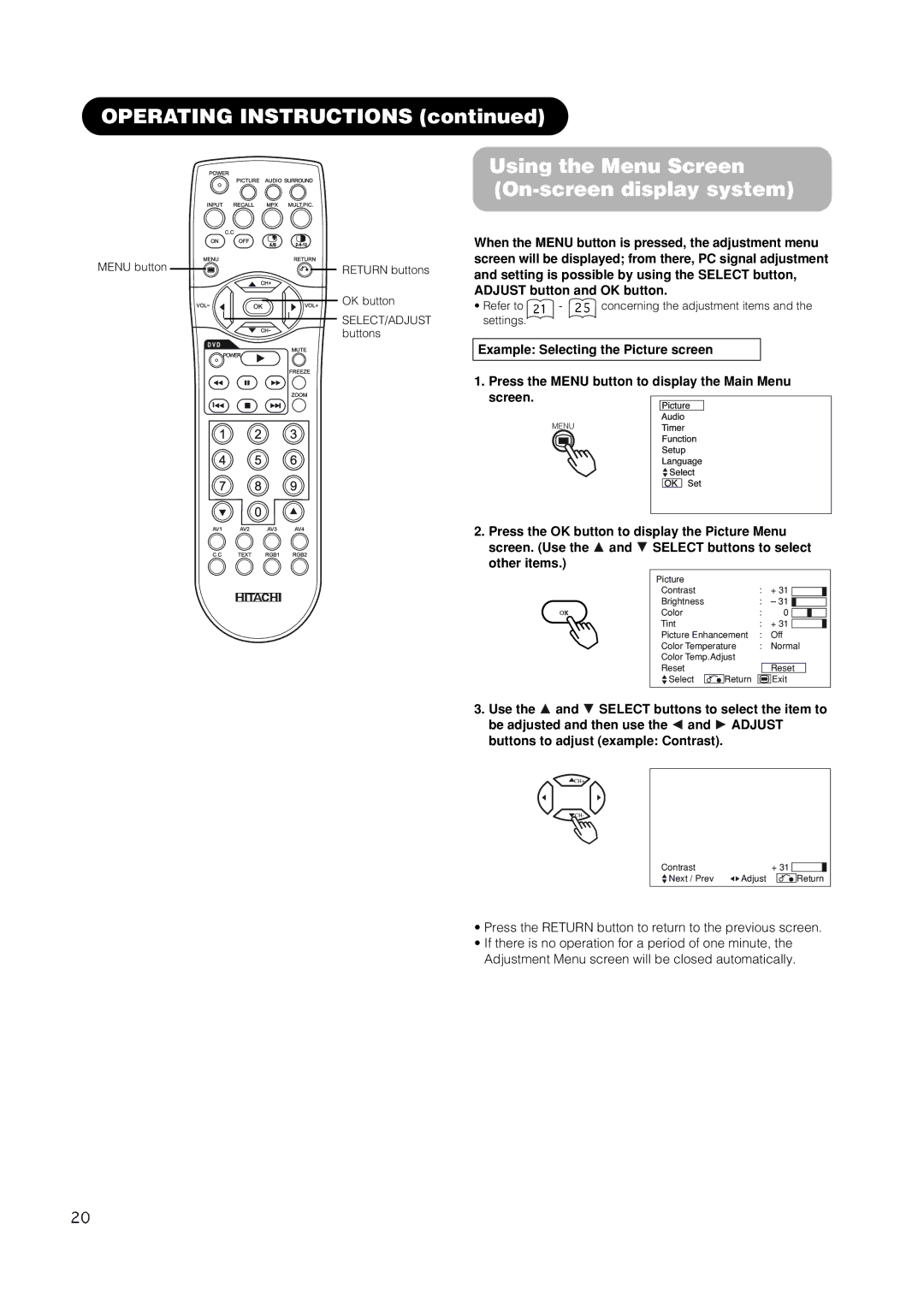 Hitachi 42EDT41 user manual Using the Menu Screen On-screen display system, Menu button, OK button, Buttons 