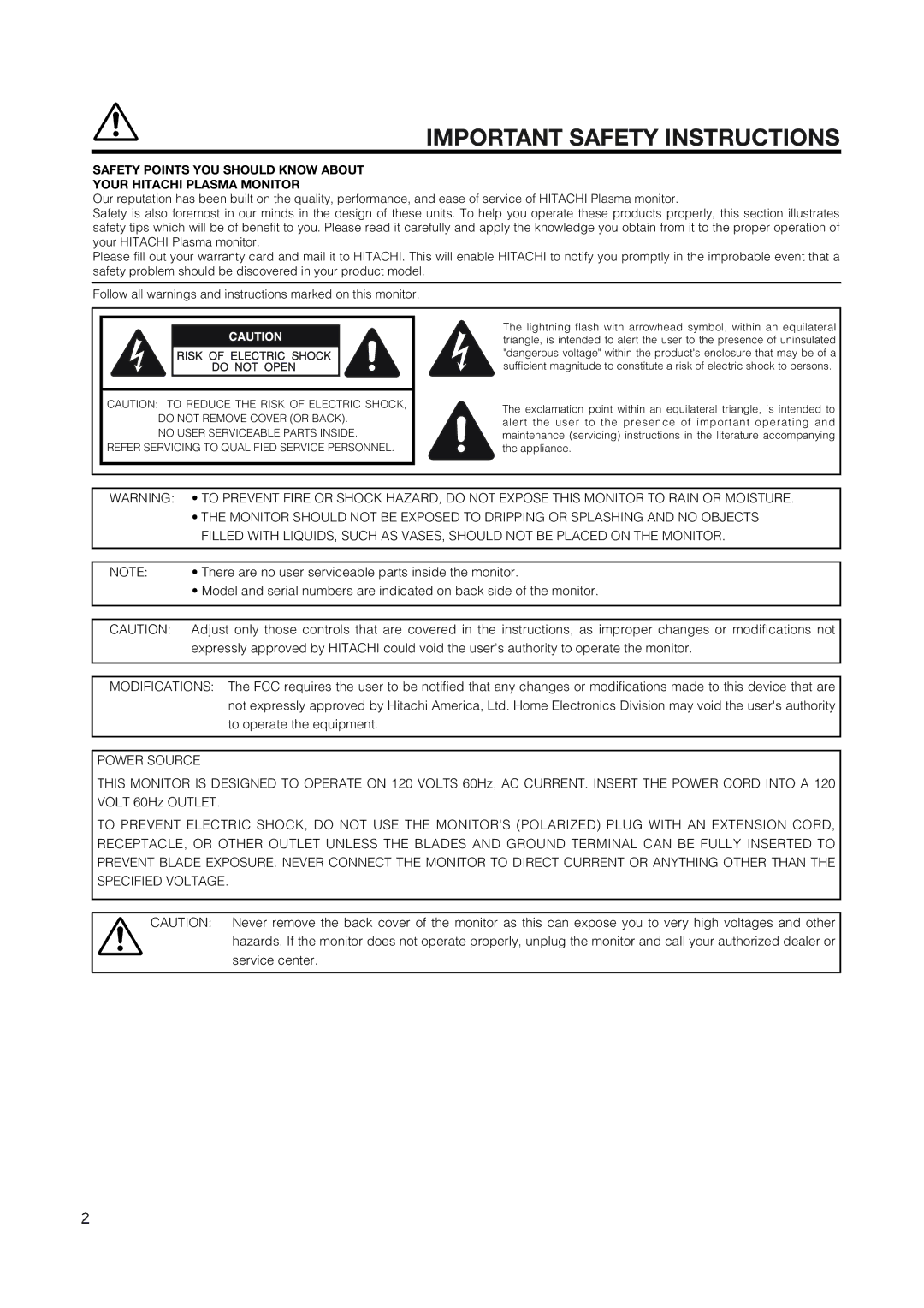 Hitachi 42EDT41 user manual Important Safety Instructions, There are no user serviceable parts inside the monitor 