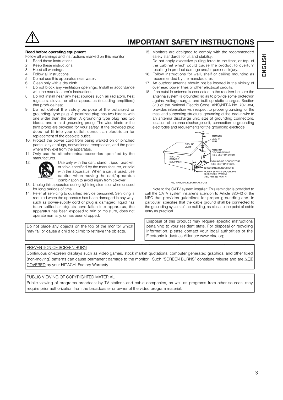 Hitachi 42EDT41 user manual Read before operating equipment 