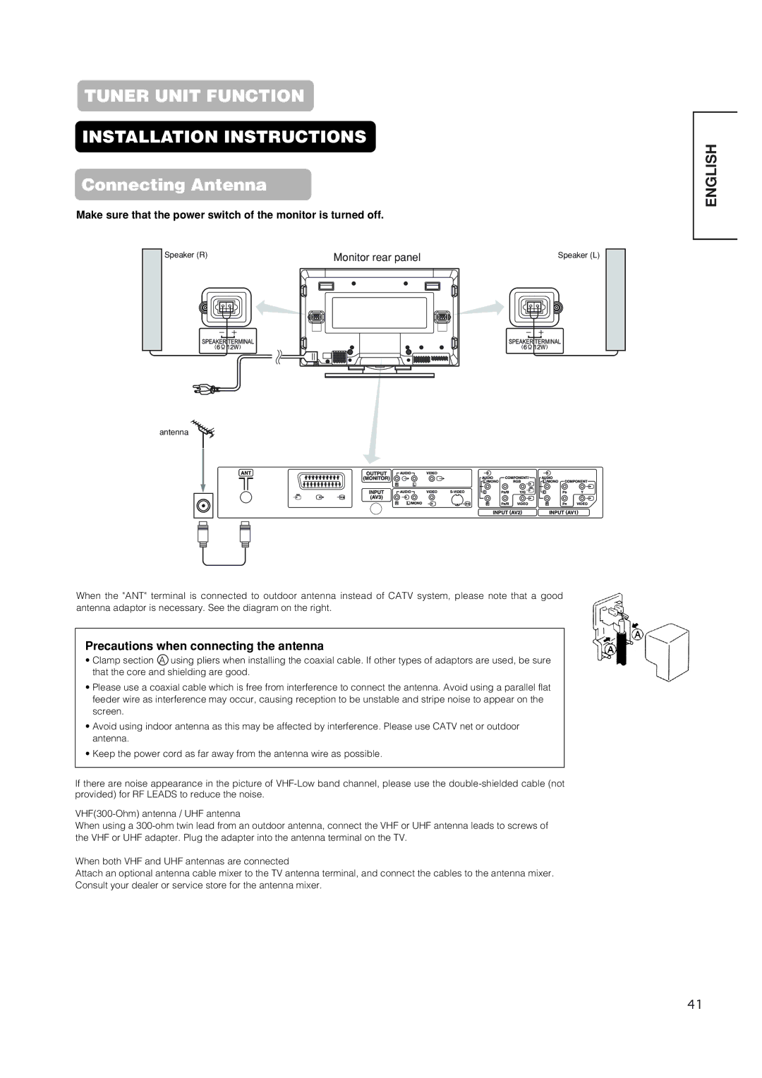 Hitachi 42EDT41 Tuner Unit Function Installation Instructions, Connecting Antenna, Precautions when connecting the antenna 