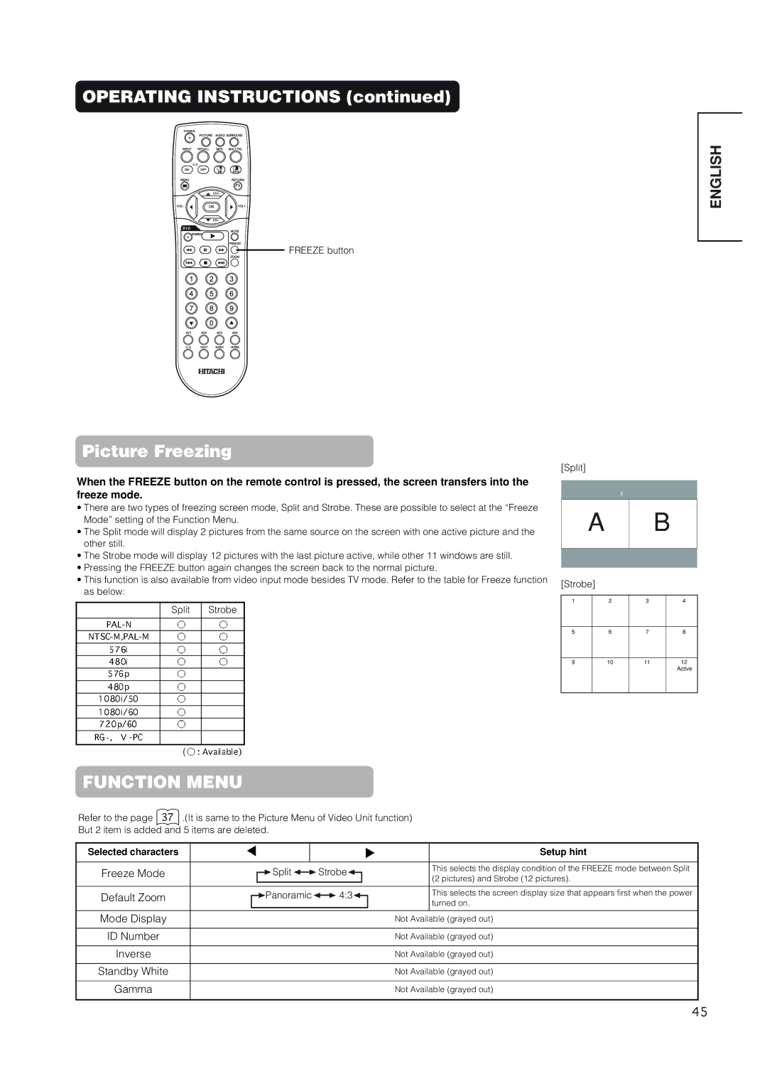 Hitachi 42EDT41 user manual Picture Freezing, Inverse, Freeze button, Split Strobe 