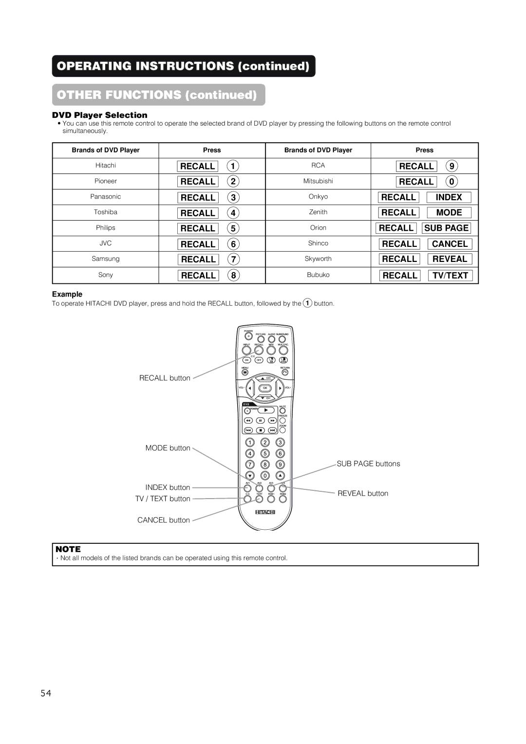 Hitachi 42EDT41 user manual Operating Instructions Other Functions, DVD Player Selection, Example 