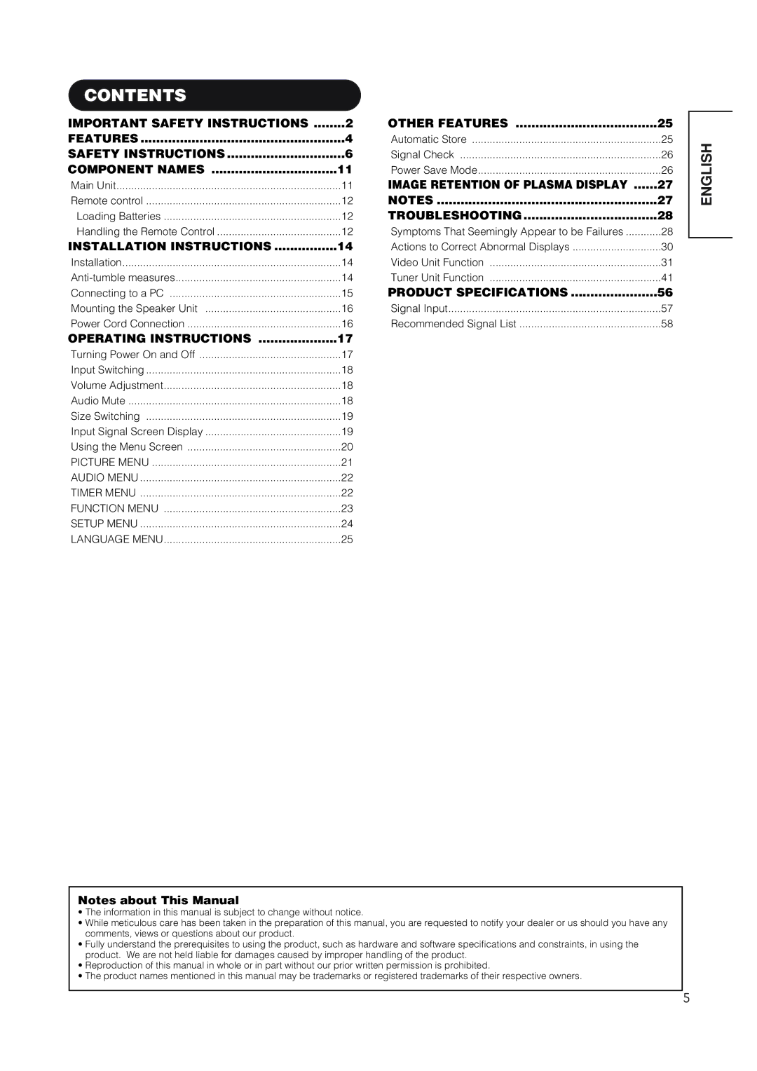 Hitachi 42EDT41 user manual Contents 