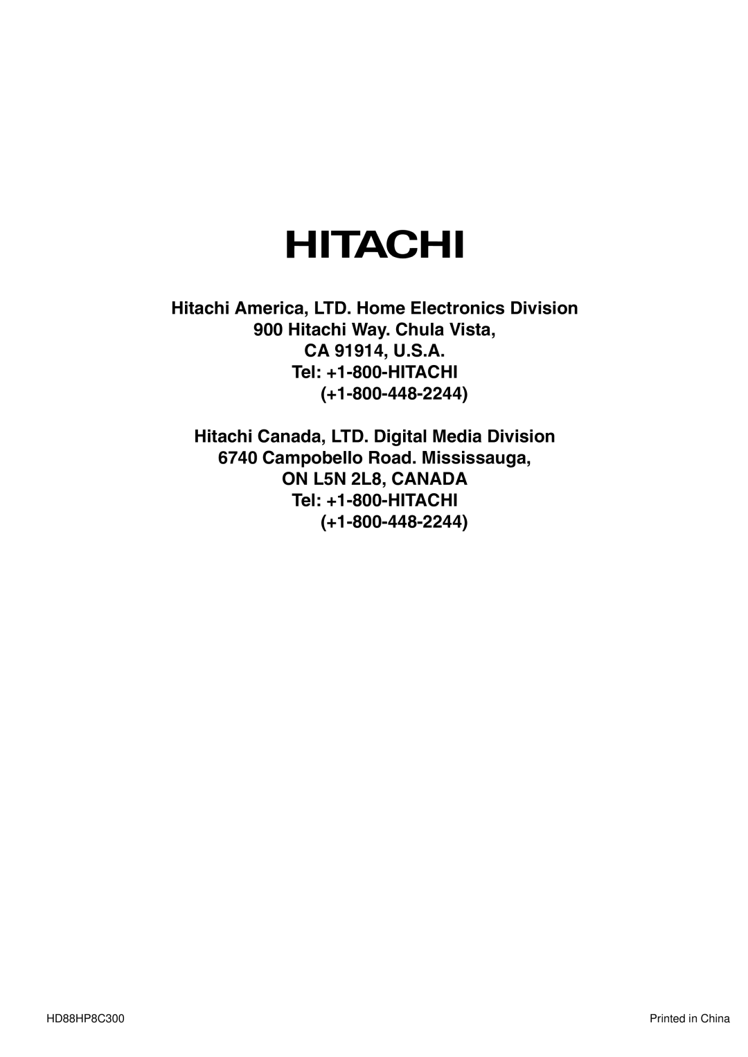 Hitachi 42EDT41 user manual On L5N 2L8, Canada 