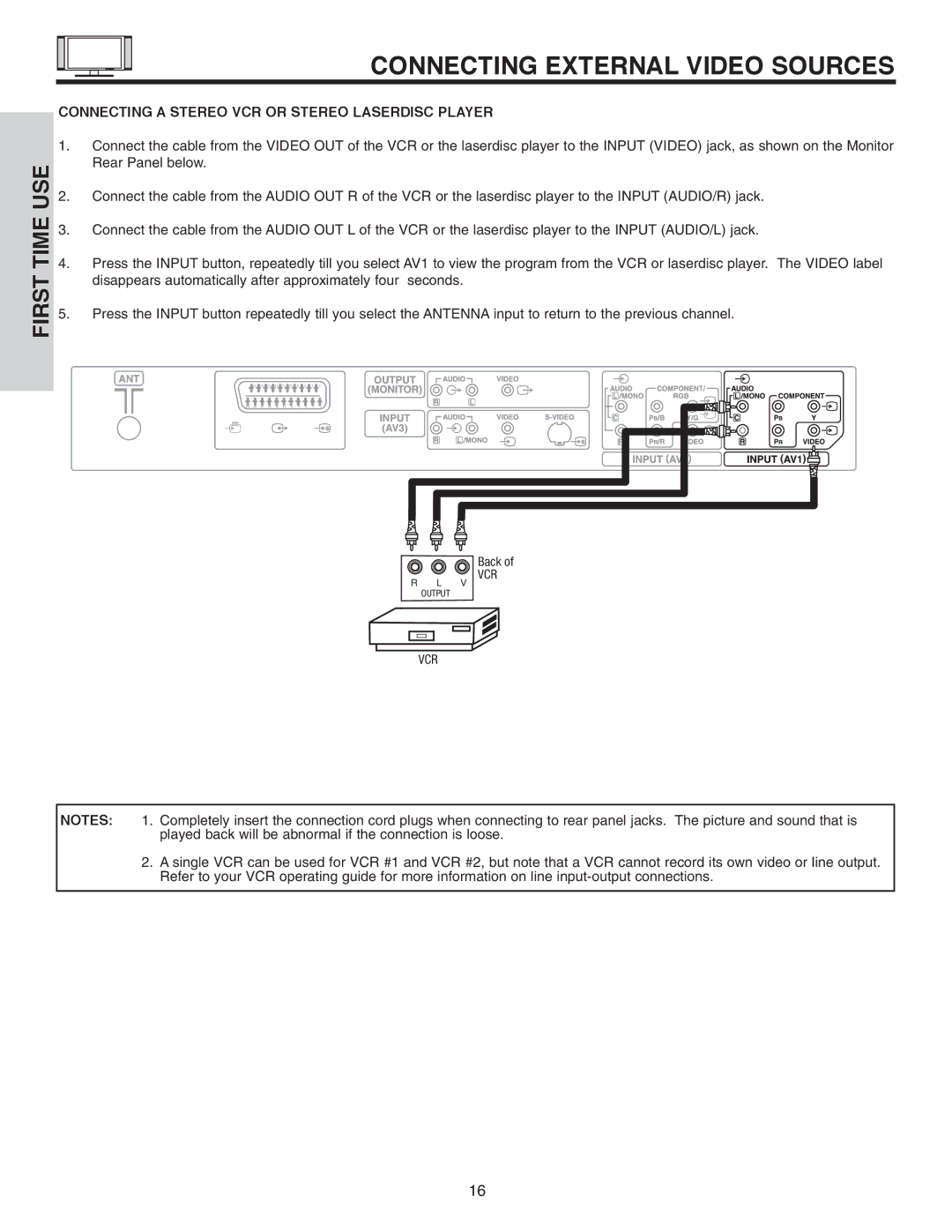 Hitachi 42EDT41A important safety instructions Connecting a Stereo VCR or Stereo Laserdisc Player 