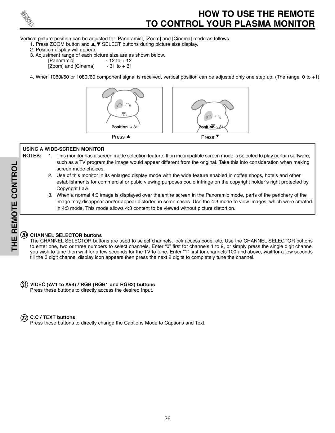 Hitachi 42EDT41A HOW to USE the Remote To Control Your Plasma Monitor, Using a WIDE-SCREEN Monitor, Text buttons 