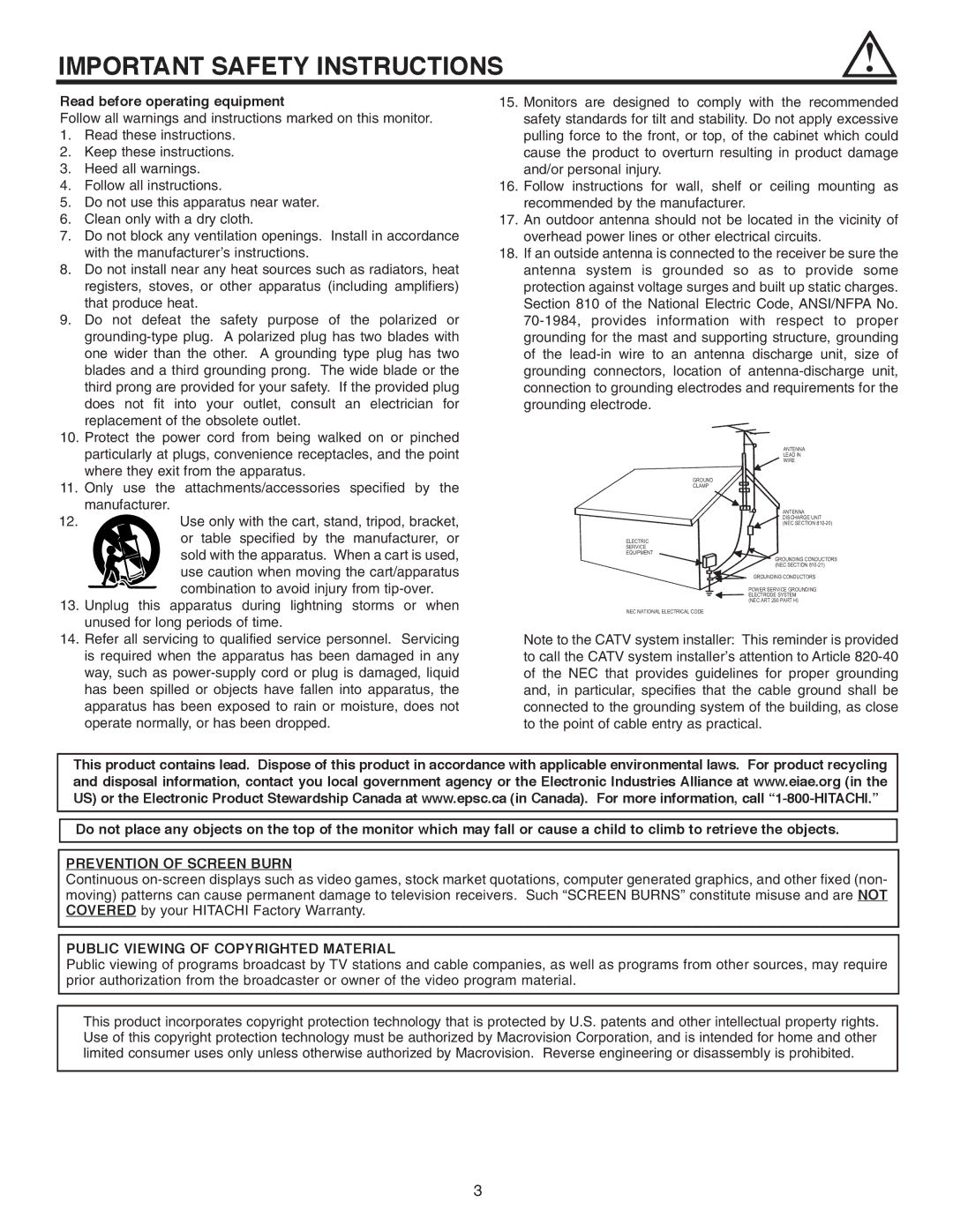 Hitachi 42EDT41A Read before operating equipment, Prevention of Screen Burn, Public Viewing of Copyrighted Material 