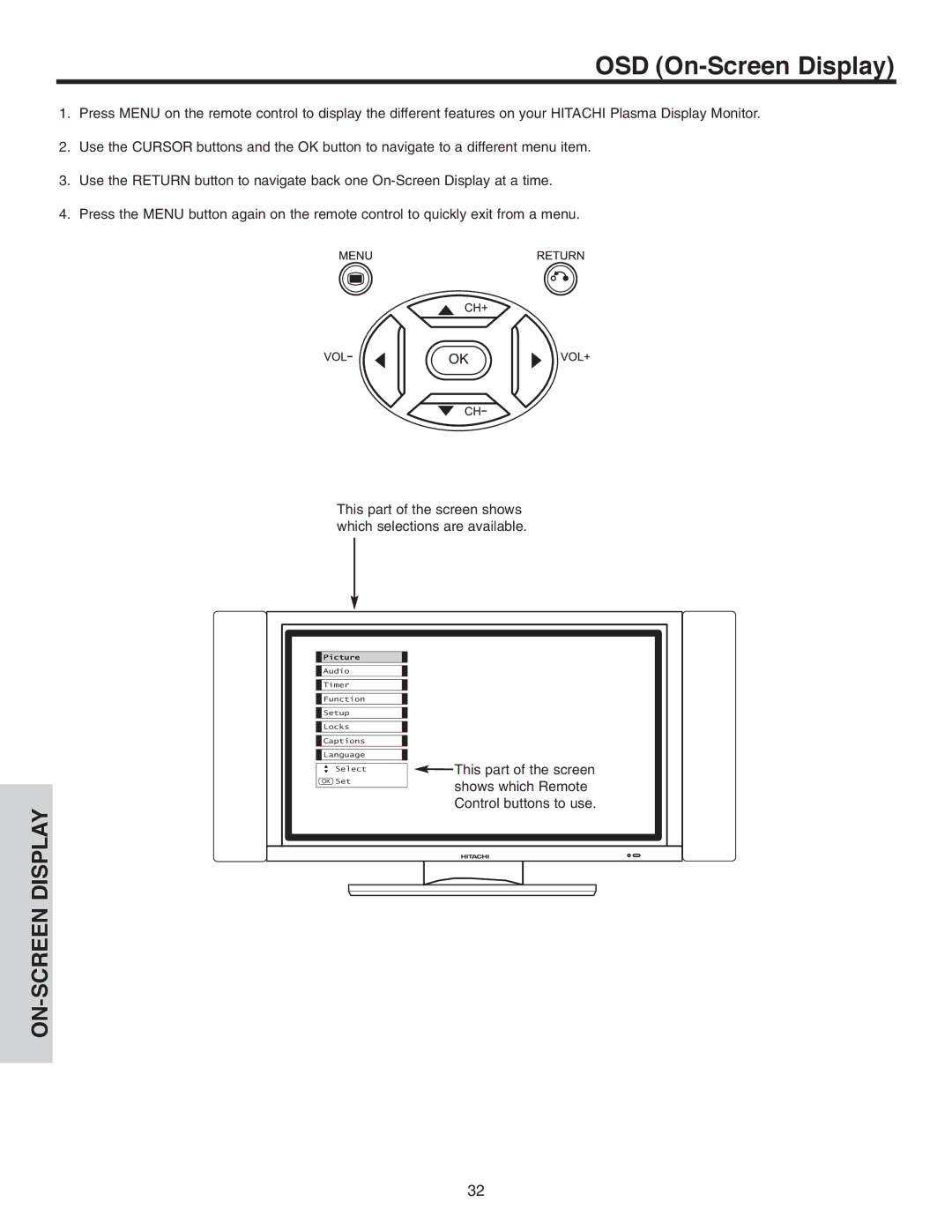 Hitachi 42EDT41A important safety instructions OSD On-Screen Display 