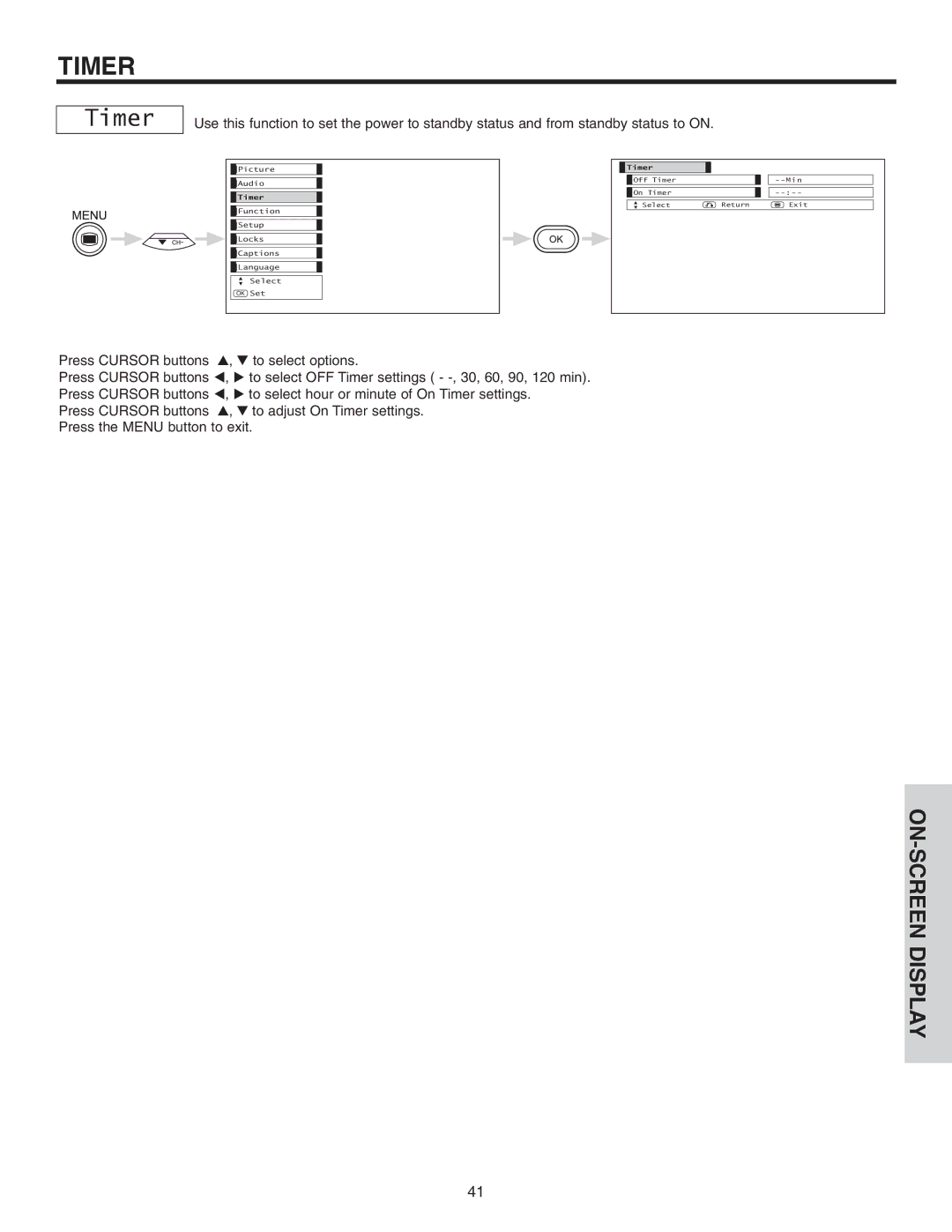 Hitachi 42EDT41A important safety instructions Timer, Press Cursor buttons To select options 