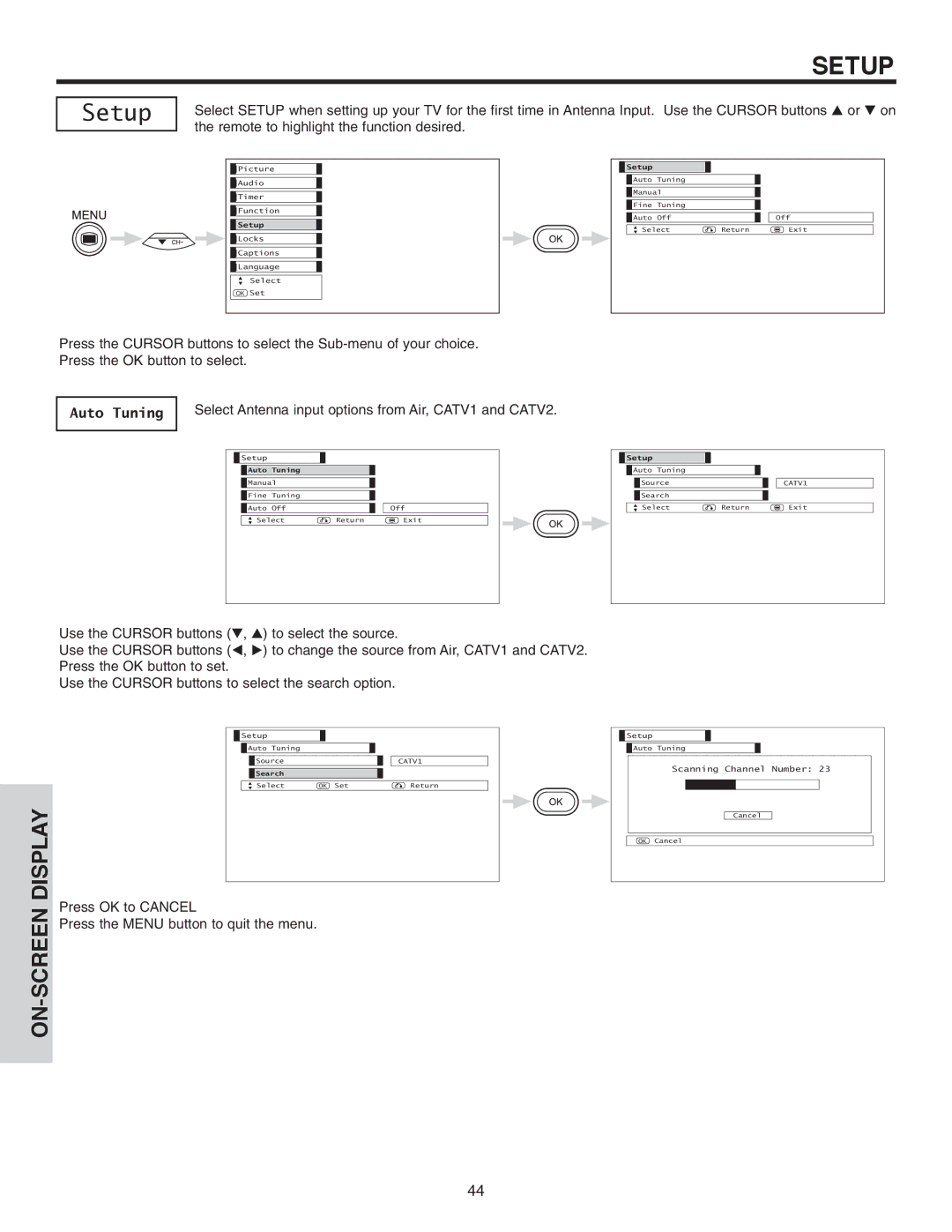 Hitachi 42EDT41A Setup, Auto Tuning, Select Antenna input options from Air, CATV1 and CATV2, Press OK to Cancel 