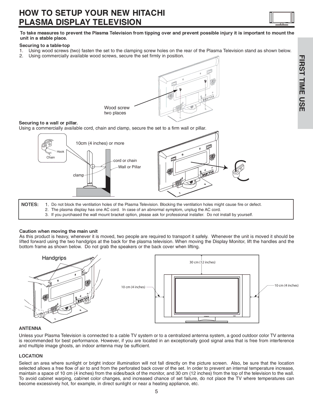 Hitachi 42EDT41A HOW to Setup Your NEW Hitachi Plasma Display Television, Securing to a wall or pillar, Antenna, Location 