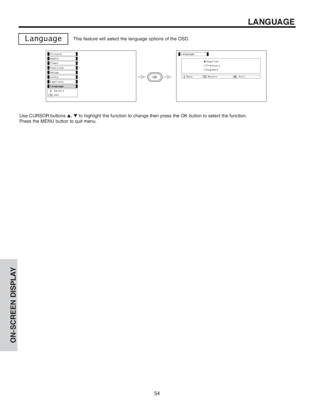 Hitachi 42EDT41A important safety instructions Language, This feature will select the language options of the OSD 