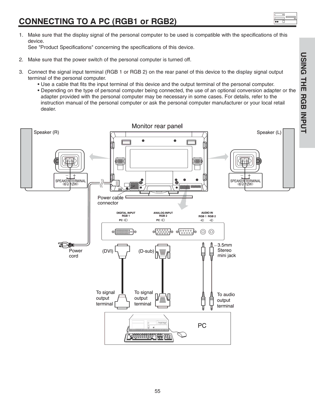 Hitachi 42EDT41A important safety instructions Connecting to a PC RGB1 or RGB2 