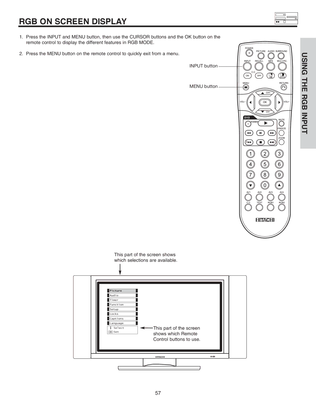 Hitachi 42EDT41A important safety instructions RGB on Screen Display 