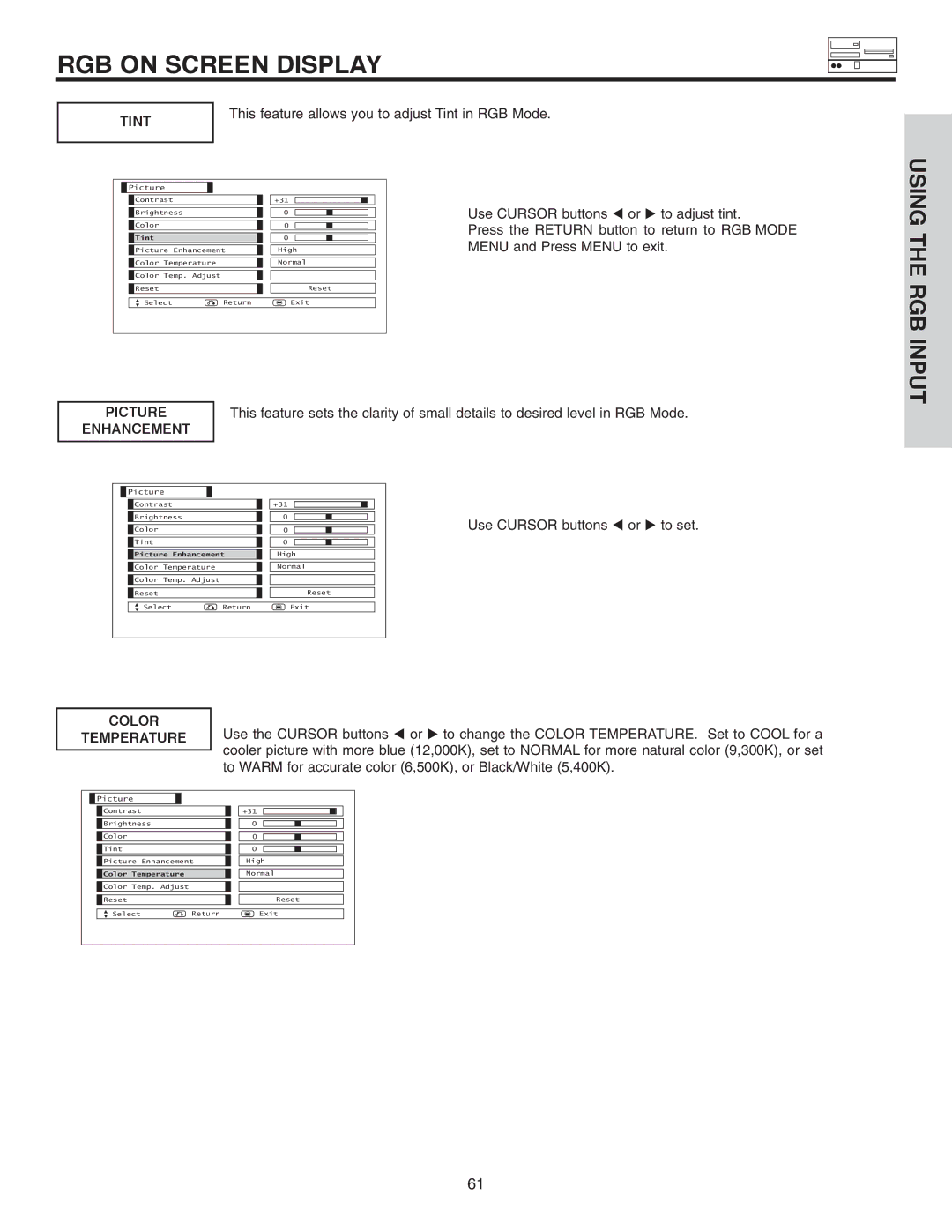 Hitachi 42EDT41A important safety instructions Tint, Picture, Enhancement, Temperature 