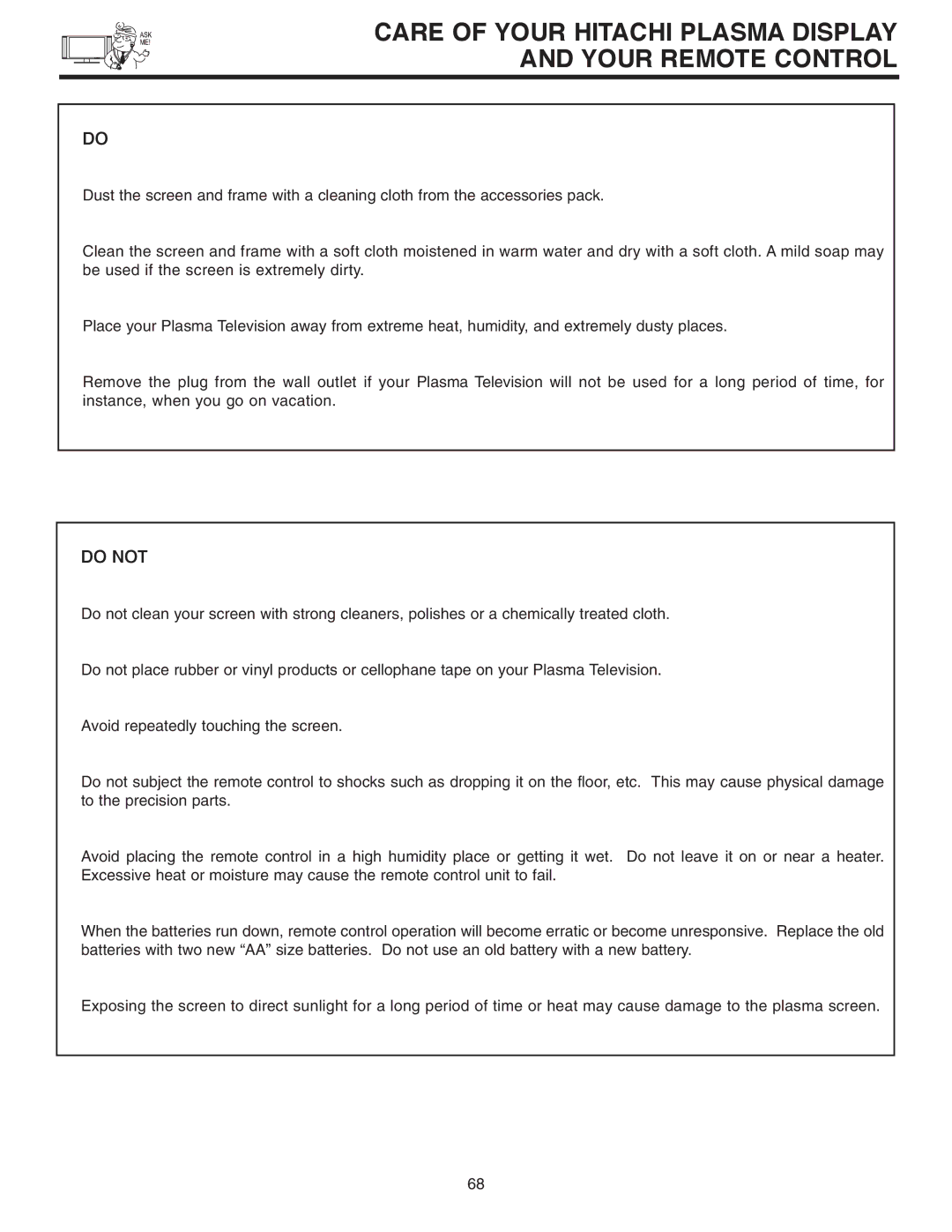 Hitachi 42EDT41A important safety instructions Care of Your Hitachi Plasma Display Your Remote Control, Do not 