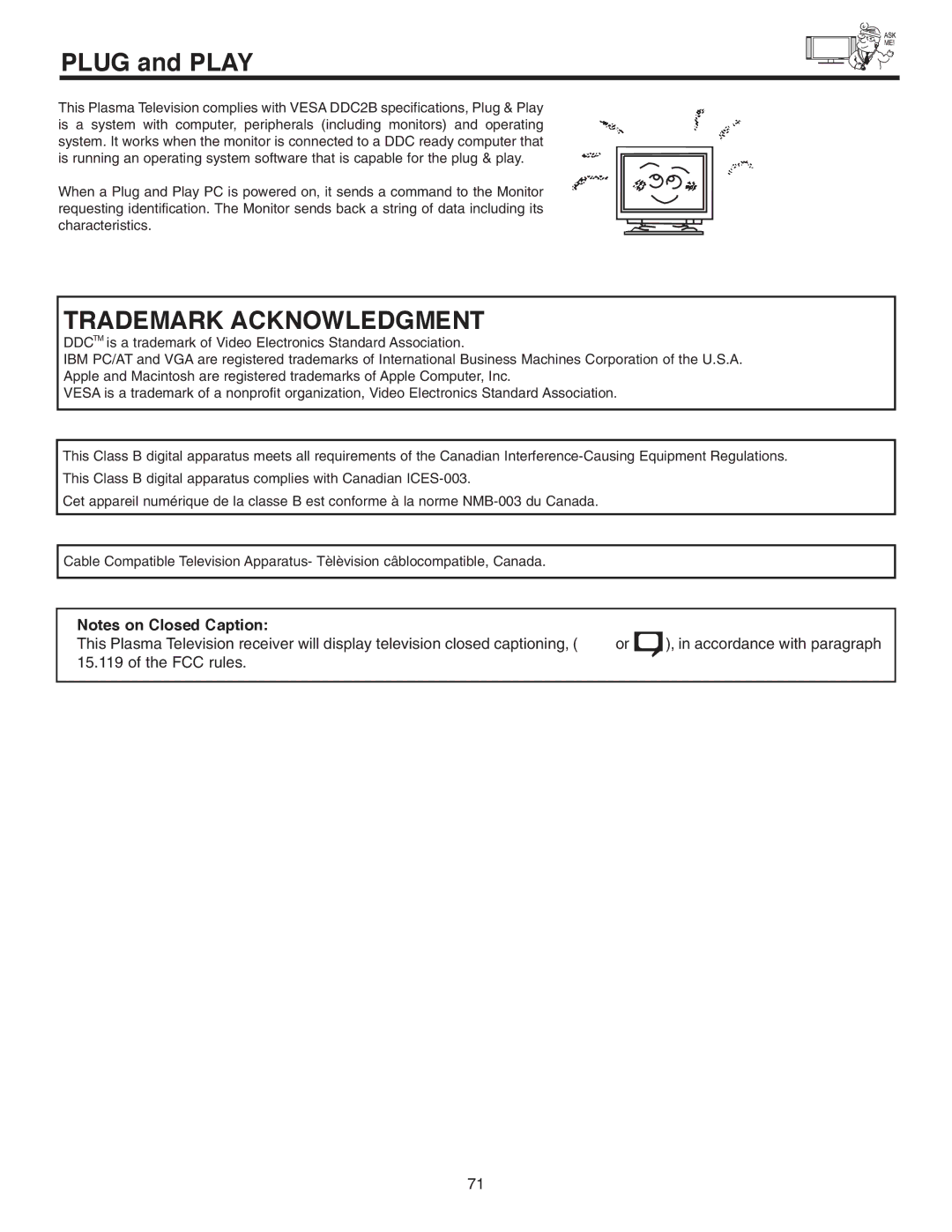 Hitachi 42EDT41A important safety instructions Plug and Play, Trademark Acknowledgment 