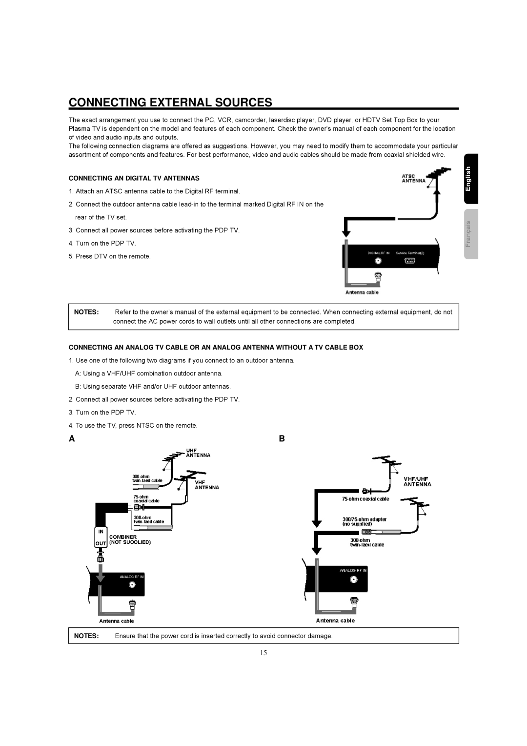 Hitachi 42HDF39 important safety instructions Connecting External Sources, Connecting AN Digital TV Antennas 