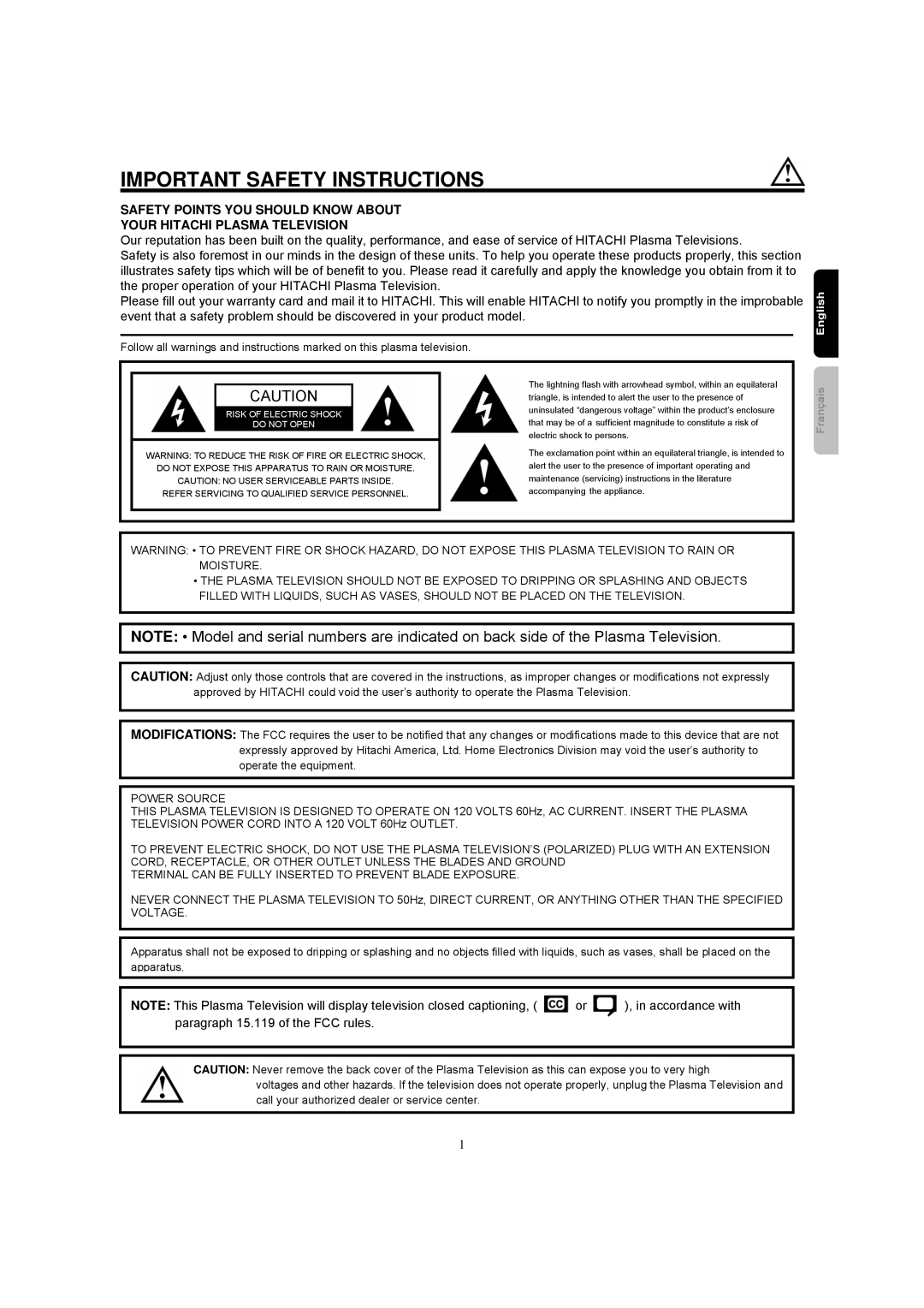 Hitachi 42HDF39 important safety instructions Important Safety Instructions, English 