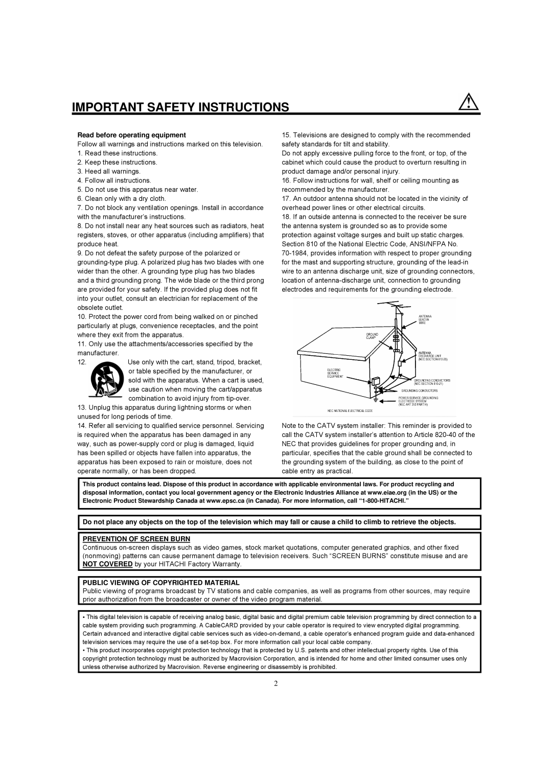 Hitachi 42HDF39 Read before operating equipment, Prevention of Screen Burn, Public Viewing of Copyrighted Material 