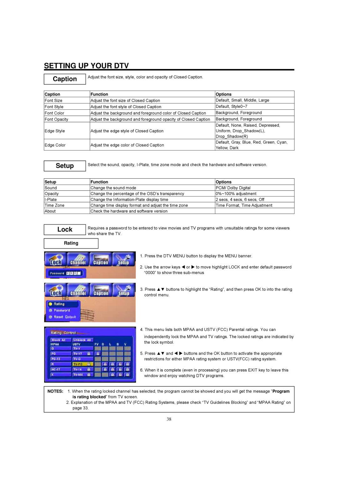 Hitachi 42HDF39 important safety instructions Caption, Setup, Lock, Rating 