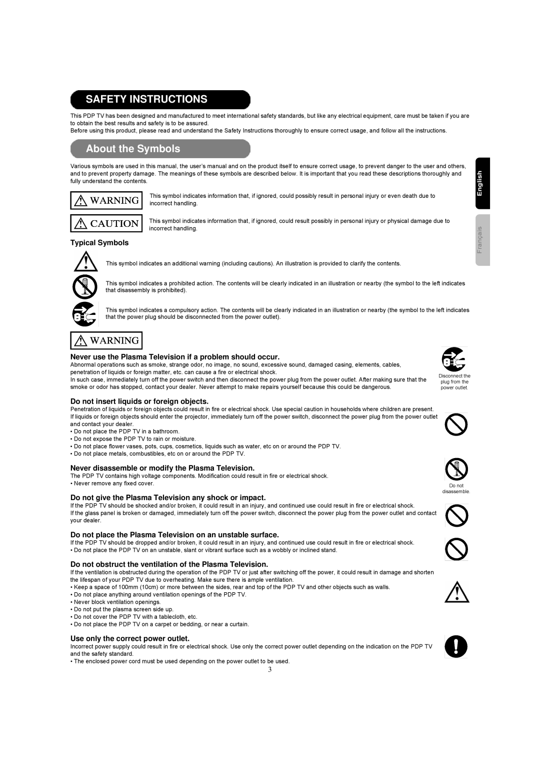 Hitachi 42HDF39 important safety instructions Typical Symbols, Never use the Plasma Television if a problem should occur 