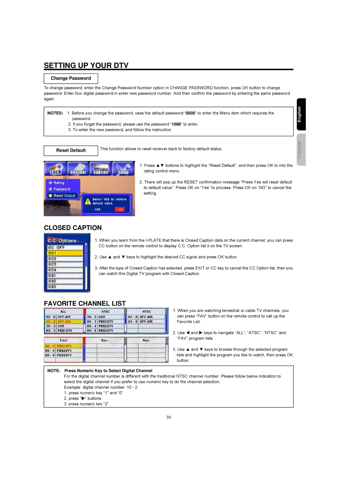 Hitachi 42HDF39 important safety instructions Change Password, Reset Default 