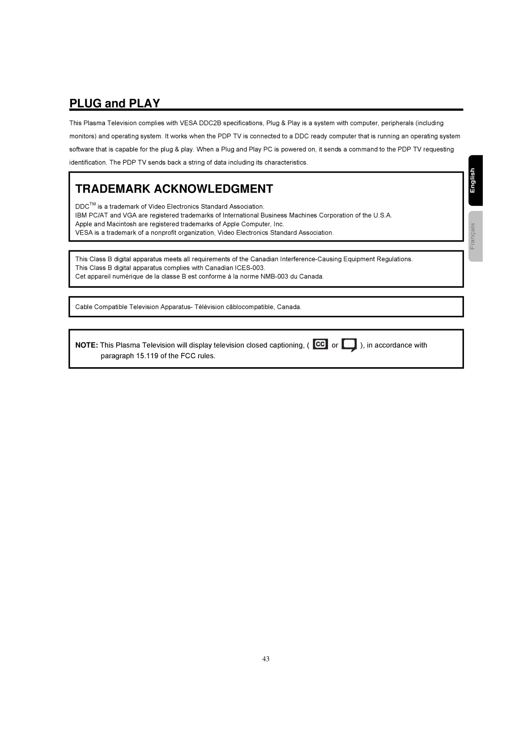 Hitachi 42HDF39 important safety instructions Plug and Play, Trademark Acknowledgment 