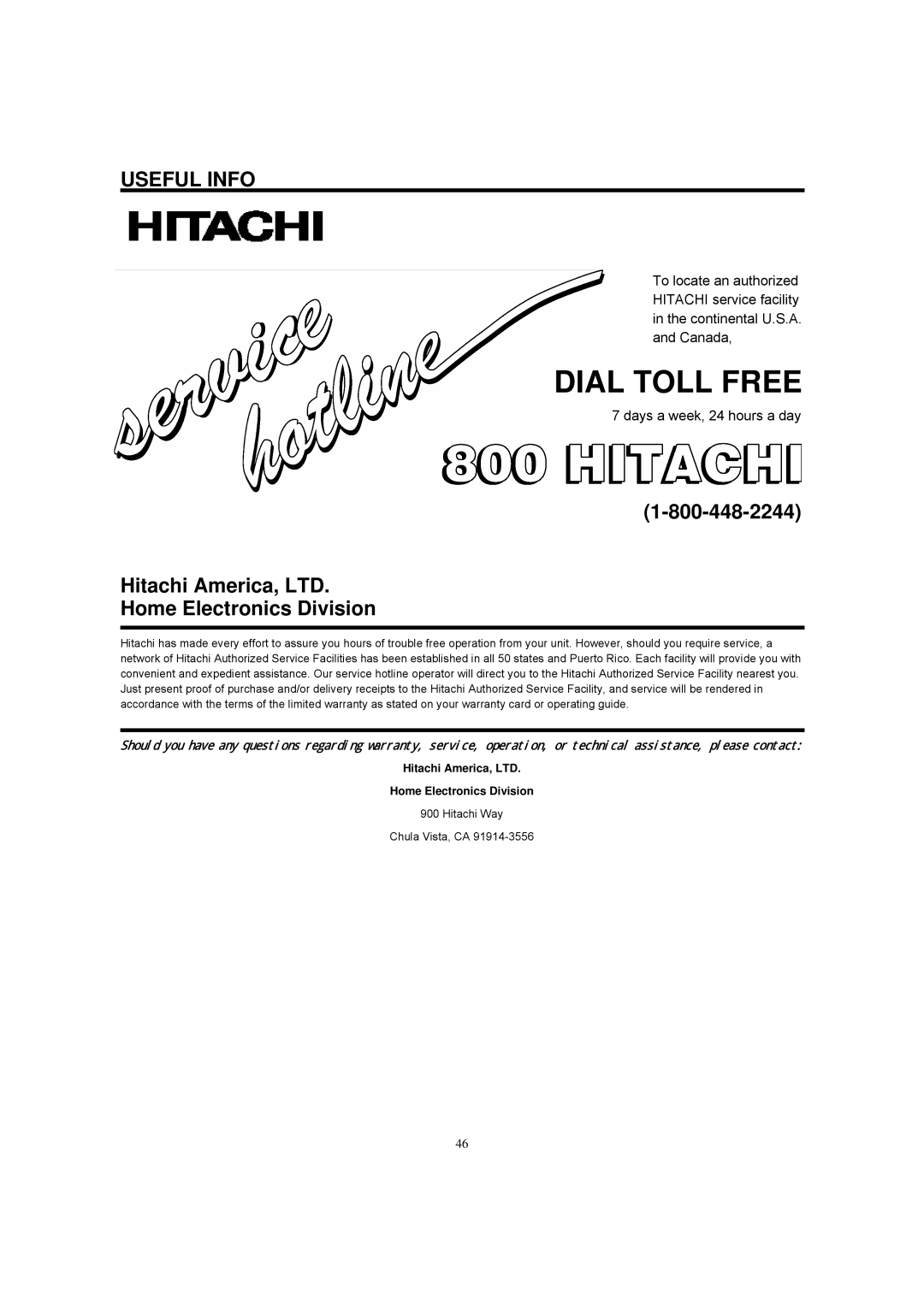 Hitachi 42HDF39 important safety instructions Dial Toll Free, Home Electronics Division 