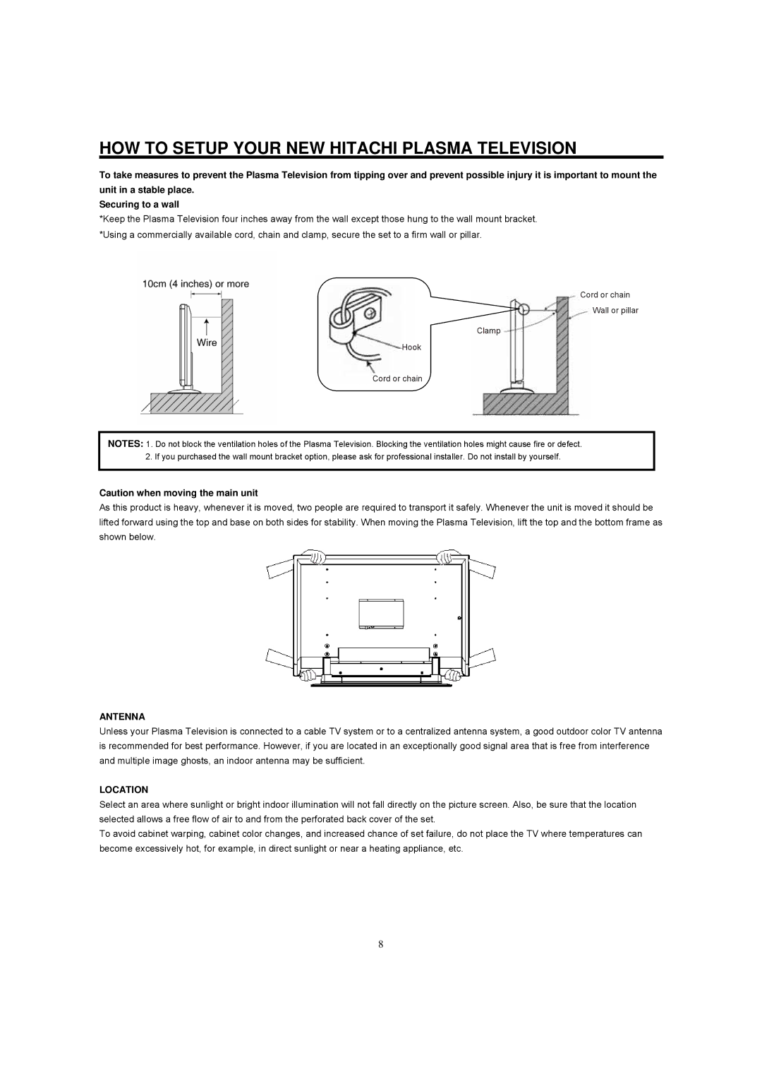 Hitachi 42HDF39 important safety instructions HOW to Setup Your NEW Hitachi Plasma Television, Antenna, Location 