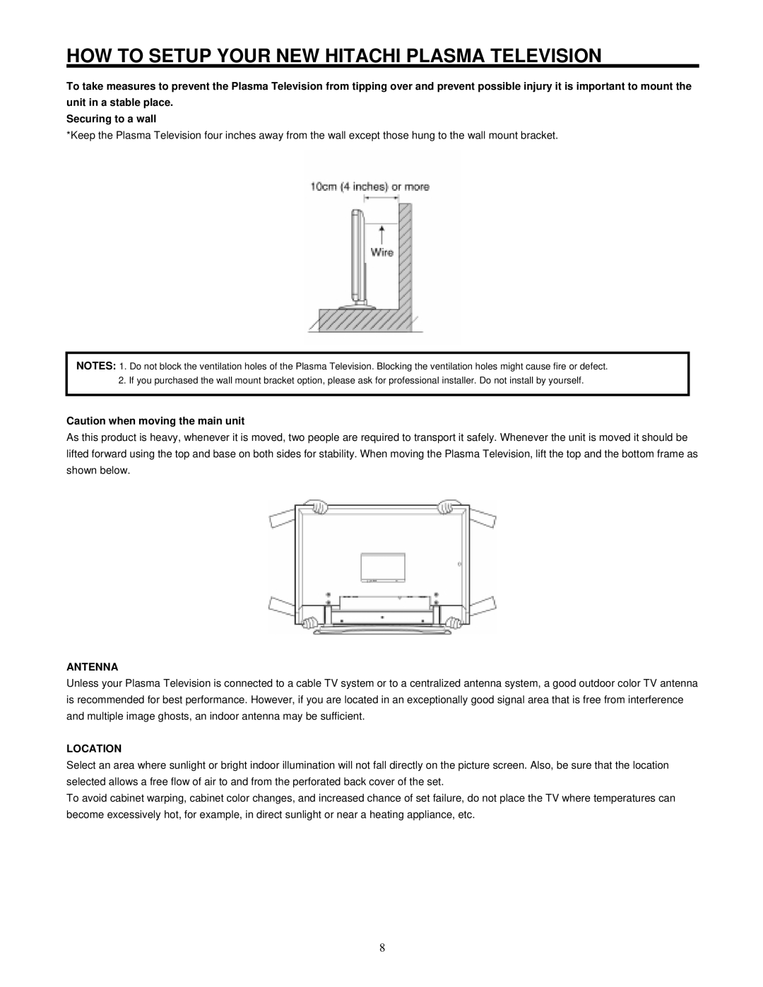 Hitachi 42HDF52 important safety instructions HOW to Setup Your NEW Hitachi Plasma Television, Antenna, Location 