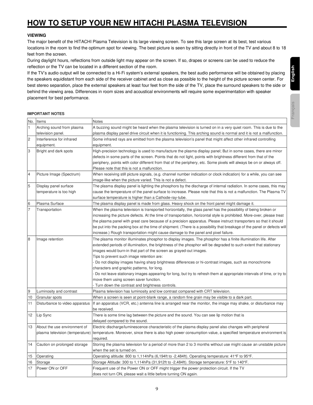 Hitachi 42HDF52 important safety instructions Viewing, Important Notes 