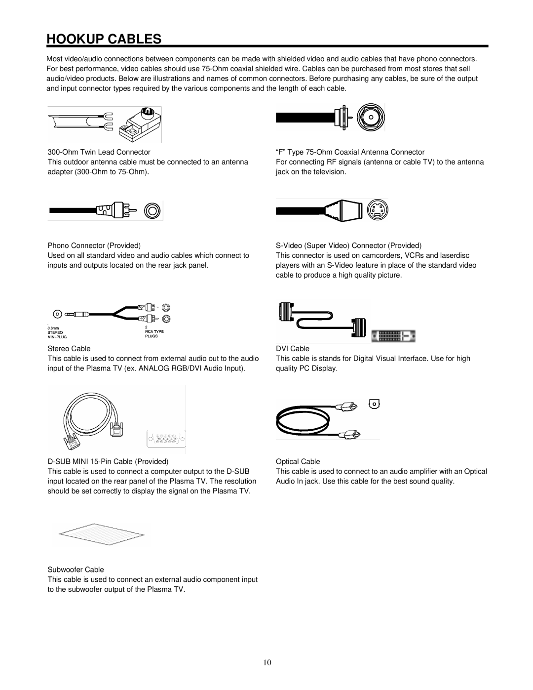 Hitachi 42HDF52 important safety instructions Hookup Cables 