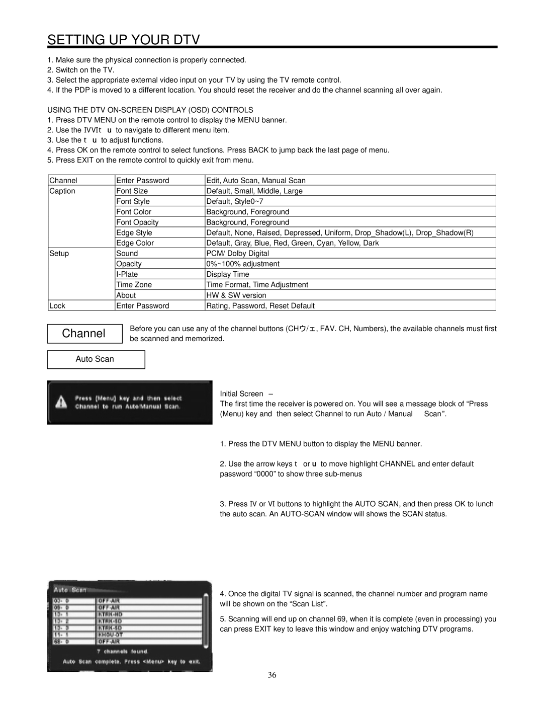 Hitachi 42HDF52 important safety instructions Setting UP Your DTV, Channel, Auto Scan 