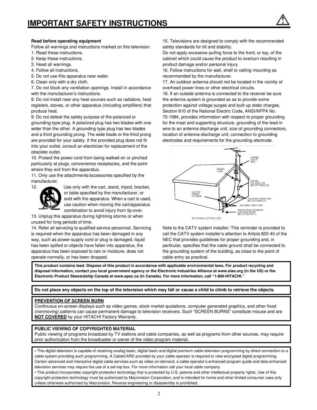 Hitachi 42HDF52 Read before operating equipment, Prevention of Screen Burn, Public Viewing of Copyrighted Material 