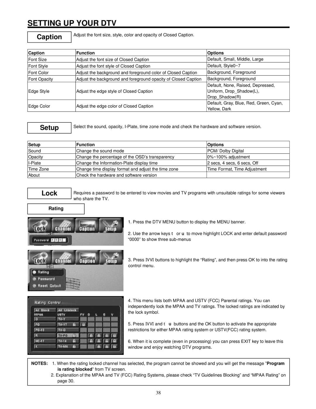 Hitachi 42HDF52 important safety instructions Caption, Setup, Lock, Rating 