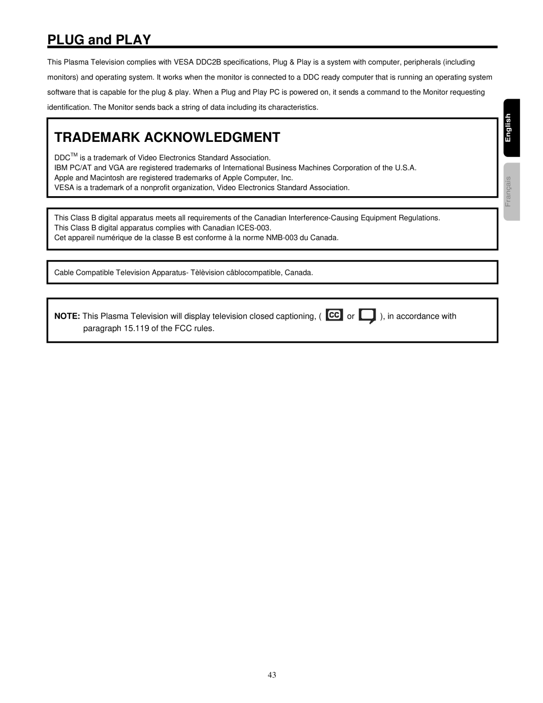 Hitachi 42HDF52 important safety instructions Plug and Play, Trademark Acknowledgment 