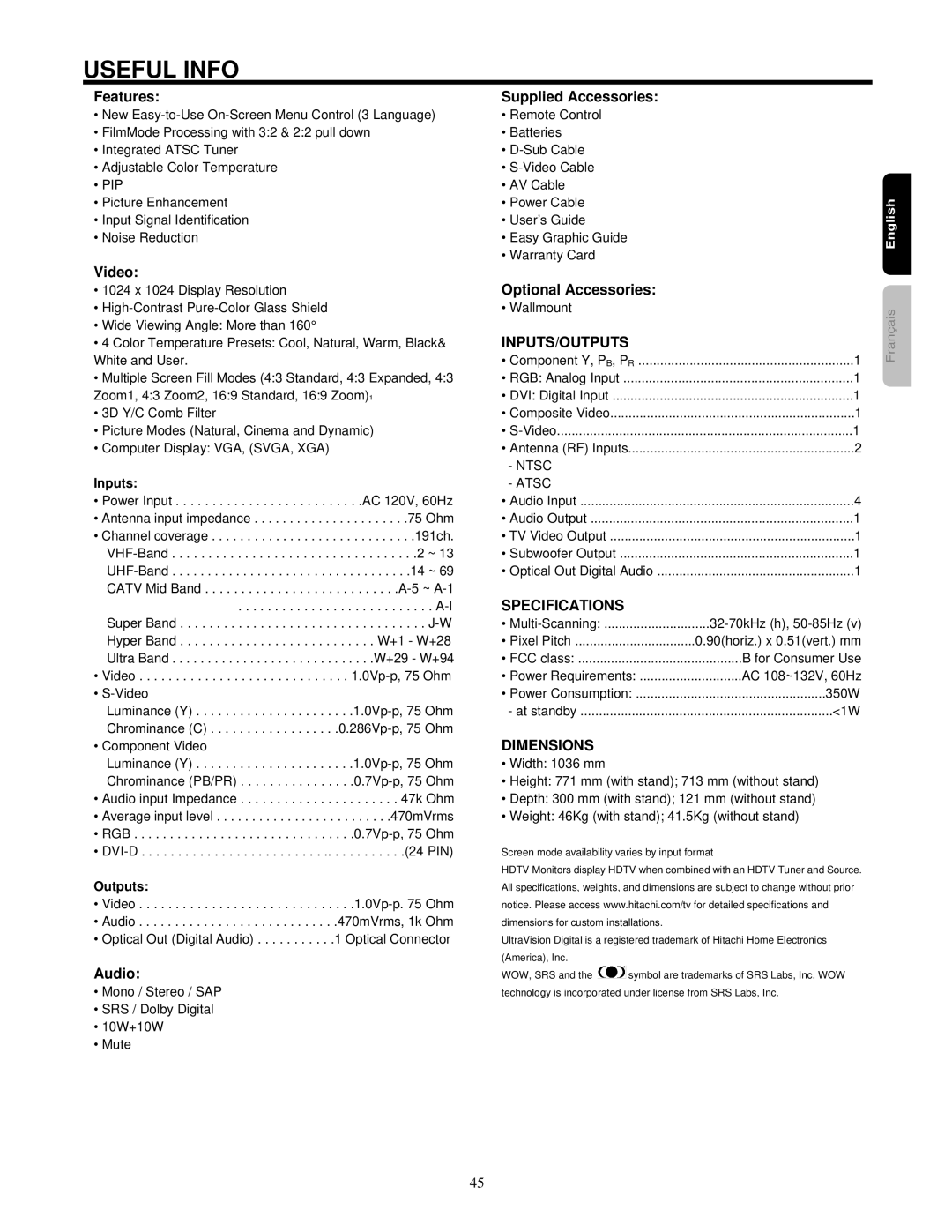 Hitachi 42HDF52 important safety instructions Features, Video, Audio, Optional Accessories 