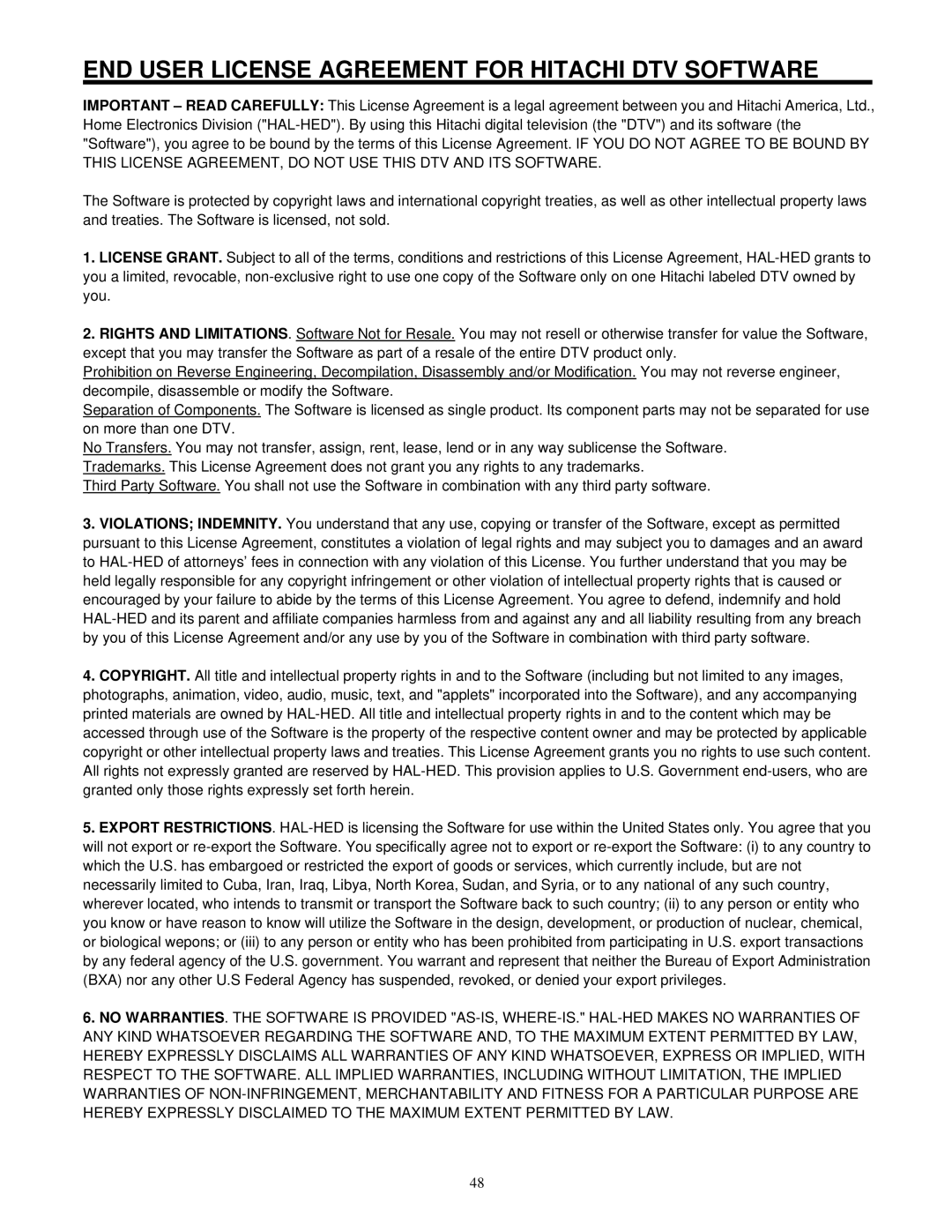 Hitachi 42HDF52 important safety instructions END User License Agreement for Hitachi DTV Software 